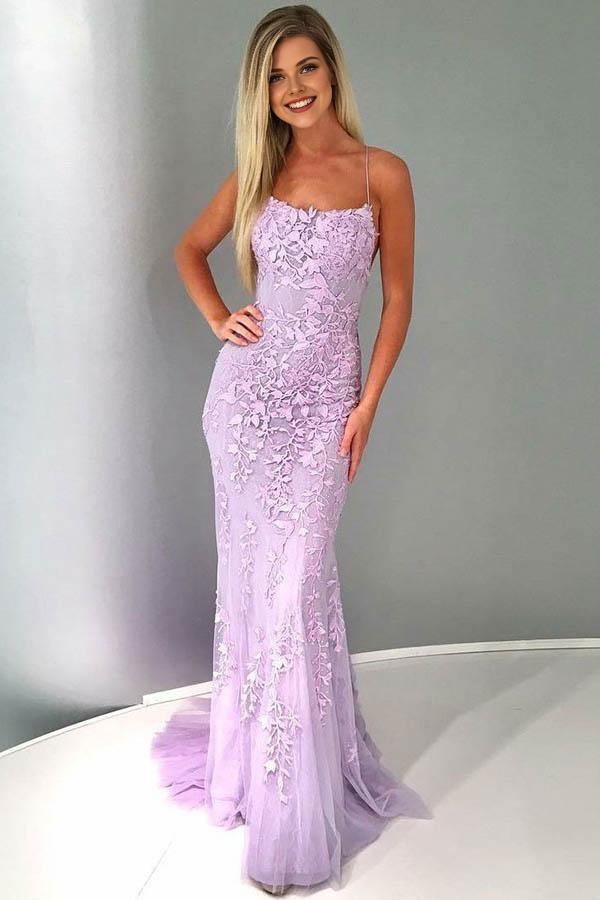 Robe de soirée sirène Weitese à bretelles spaghetti en tulle lilas avec applications